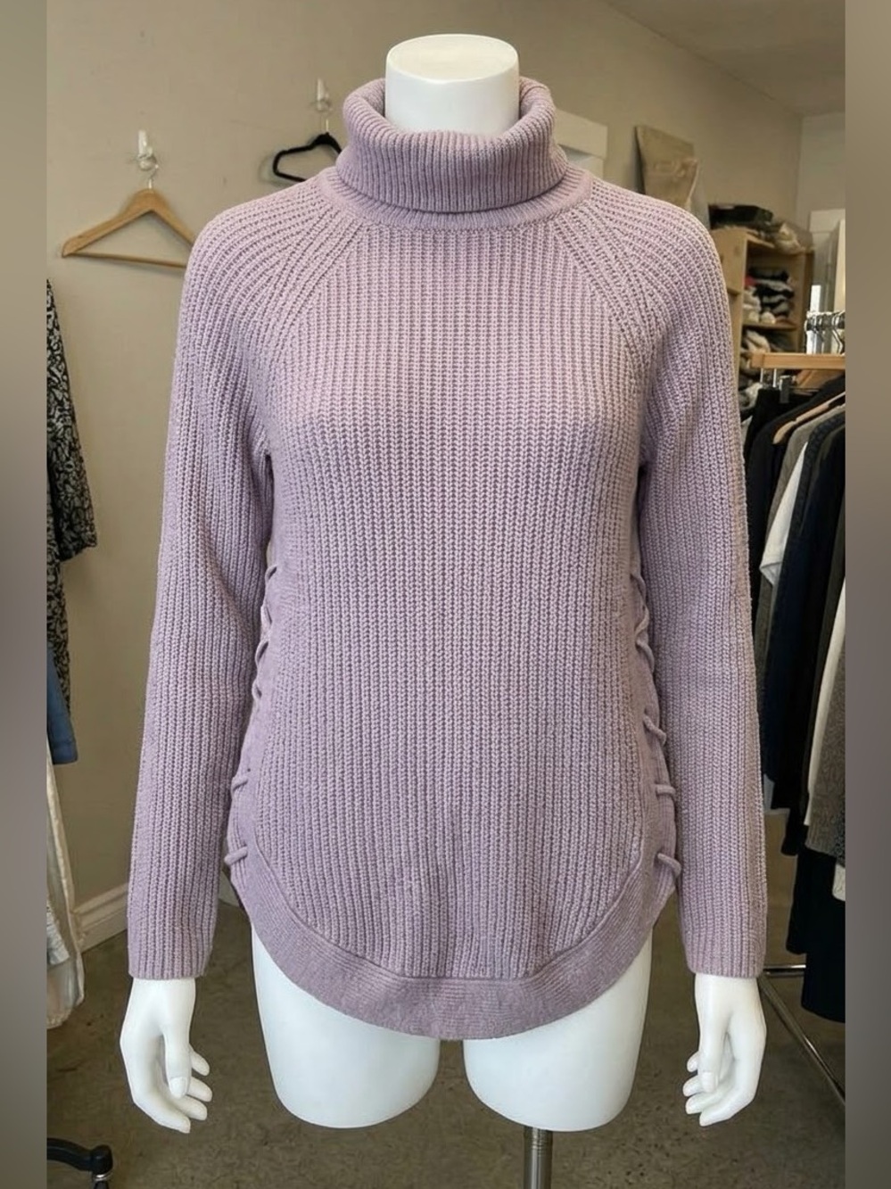 Dynamite Lavender Lilac Knit Ribbed Turtleneck Side Tie Lace Up Sweater Size S